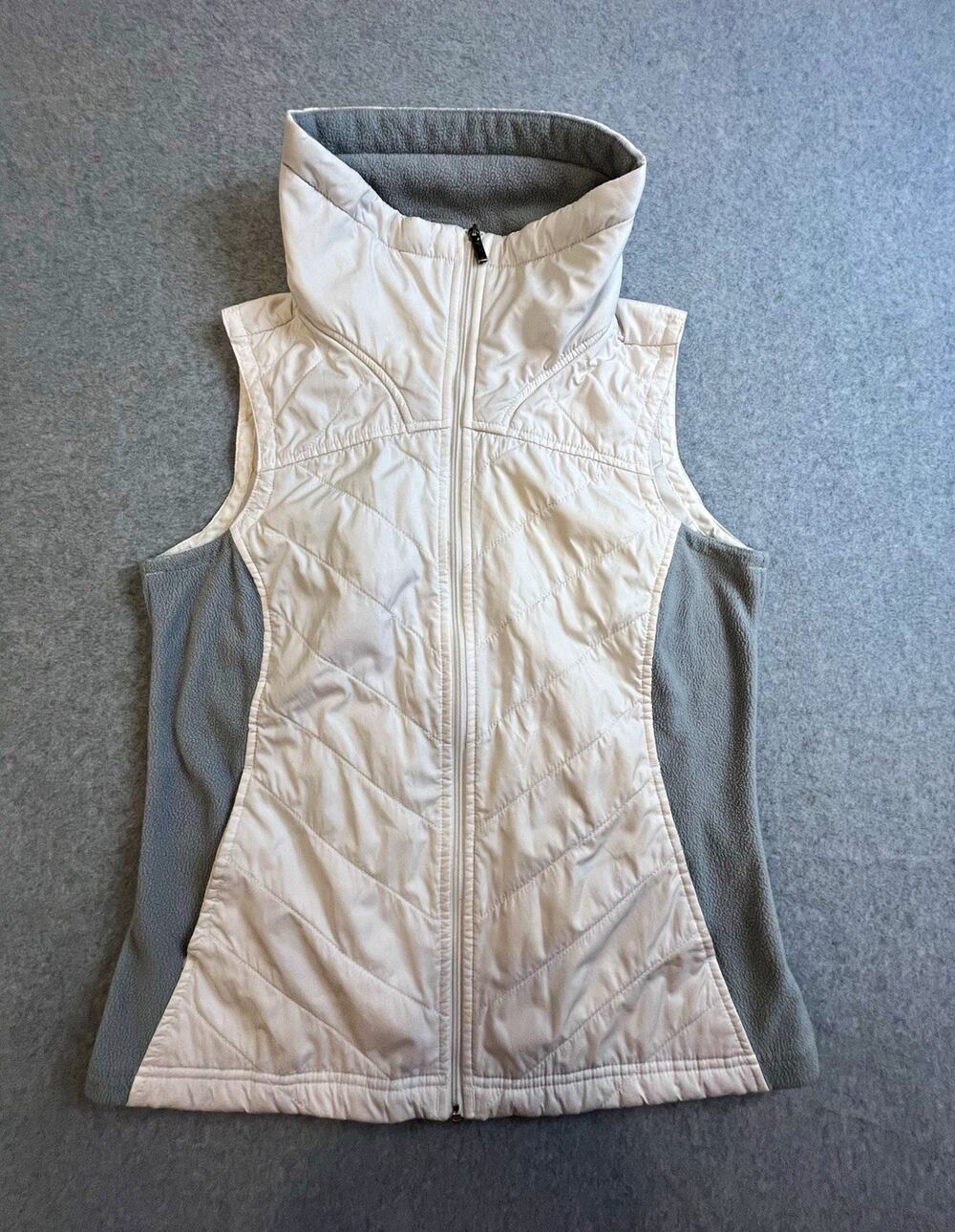 Columbia Quilted Full Zip Vest Women’s M White/Gray Collared Pockets Logo